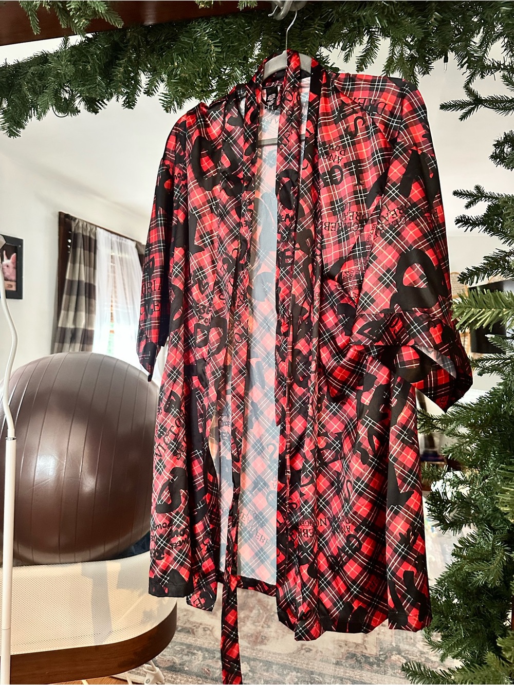 Victoria's Secret Red and Black Plaid Satin Robe Top